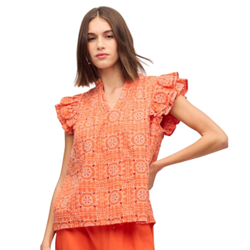 Sam Edelman Rey Short Sleeve Embroidered Top Tigerlily Size XS